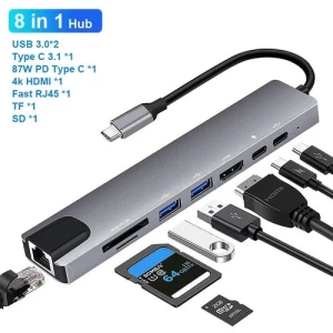 8 In 1 USB Type C Hub Adapter Laptop Docking Station,MST Dual Monitor Dual HDMI RJ45